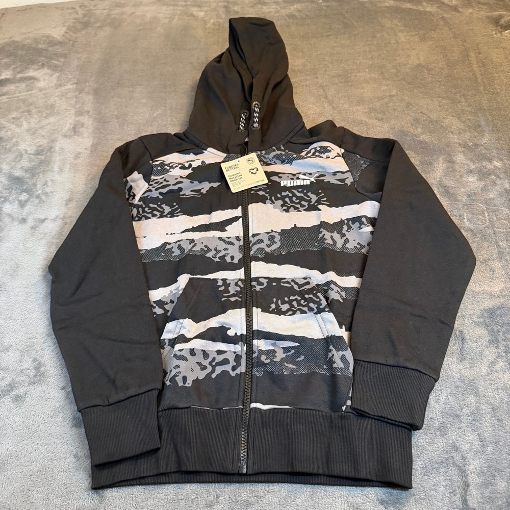Puma Kids Zip Up‎ Hoodie Camo Print Grey Black Full Zip Hooded Youth Medium NWT